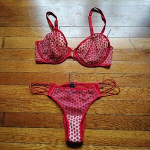 Victoria’s Secret Lace Demi Bra Invisible Lift 34DD Tanga Panty Maroon Dark Red